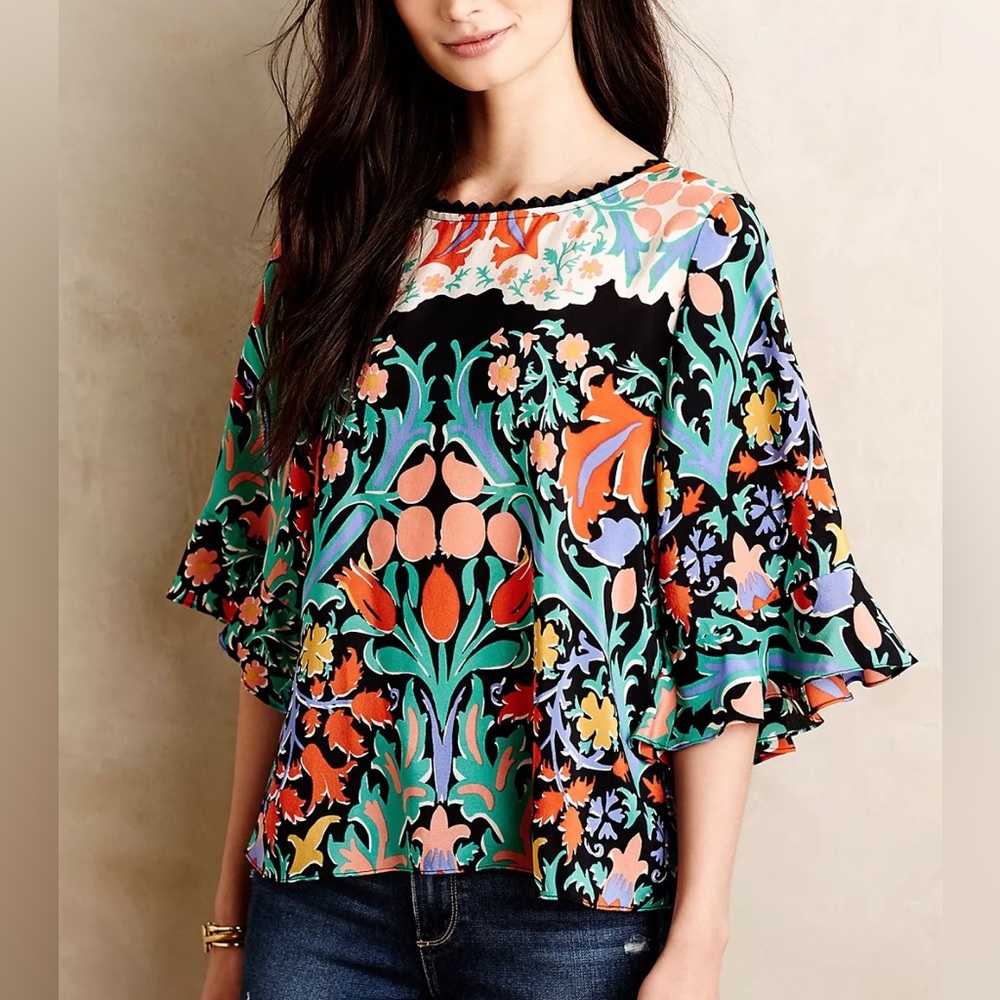 Maeve Multicolor Floral Bell-Sleeve Blouse - Black, Green, Orange, Pink, Blue